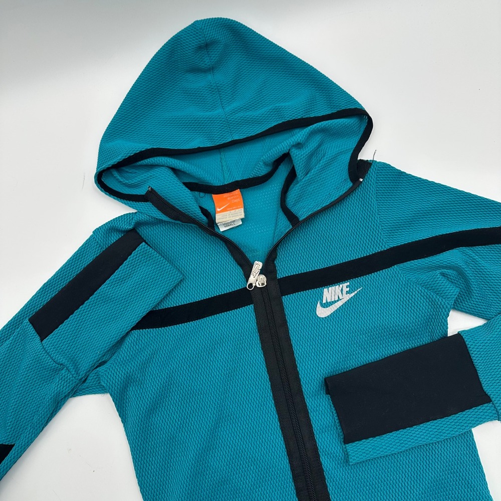Nike Dry Fit Womens Teal Waffle Knit Full Zip Hoodie Mesh Jacket Small 19542